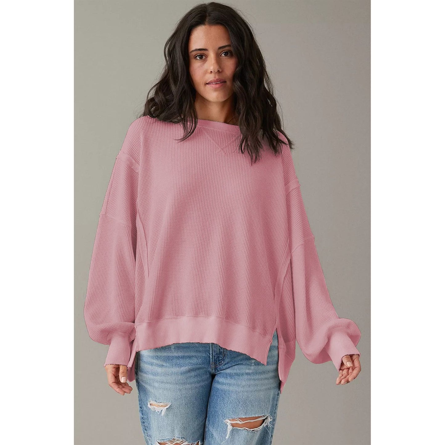 White Waffle Bishop Sleeve Split Oversized Sweatshirt