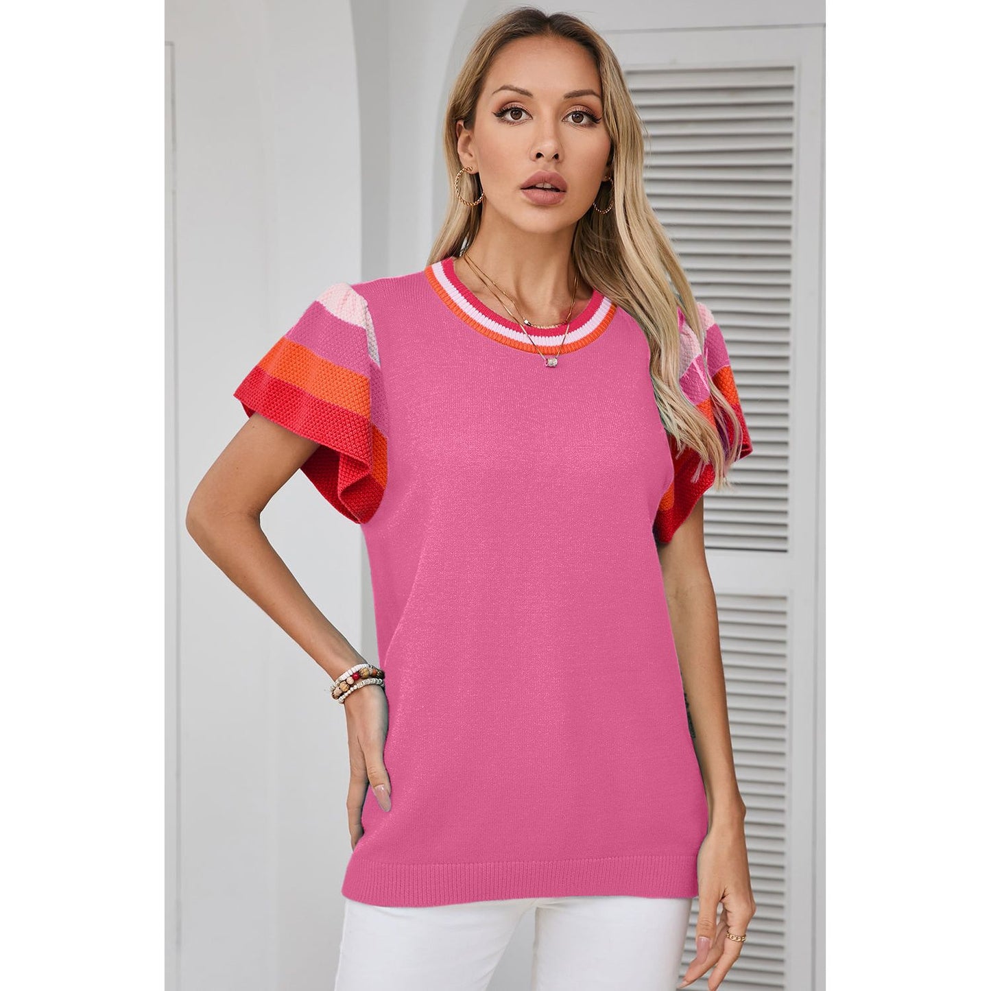 Walks On The Beach Bright Pink Flutter Sleeves Blouse