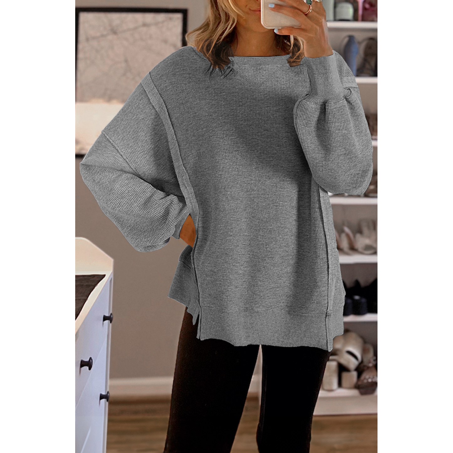 White Waffle Bishop Sleeve Split Oversized Sweatshirt