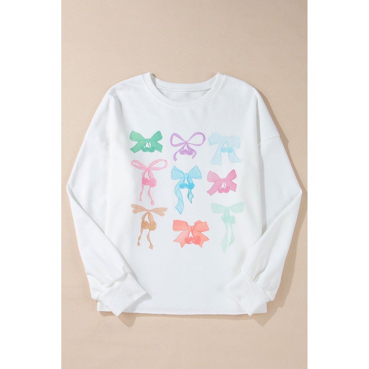 White Bowknot Pattern Drop Shoulder Loose Sweatshirt