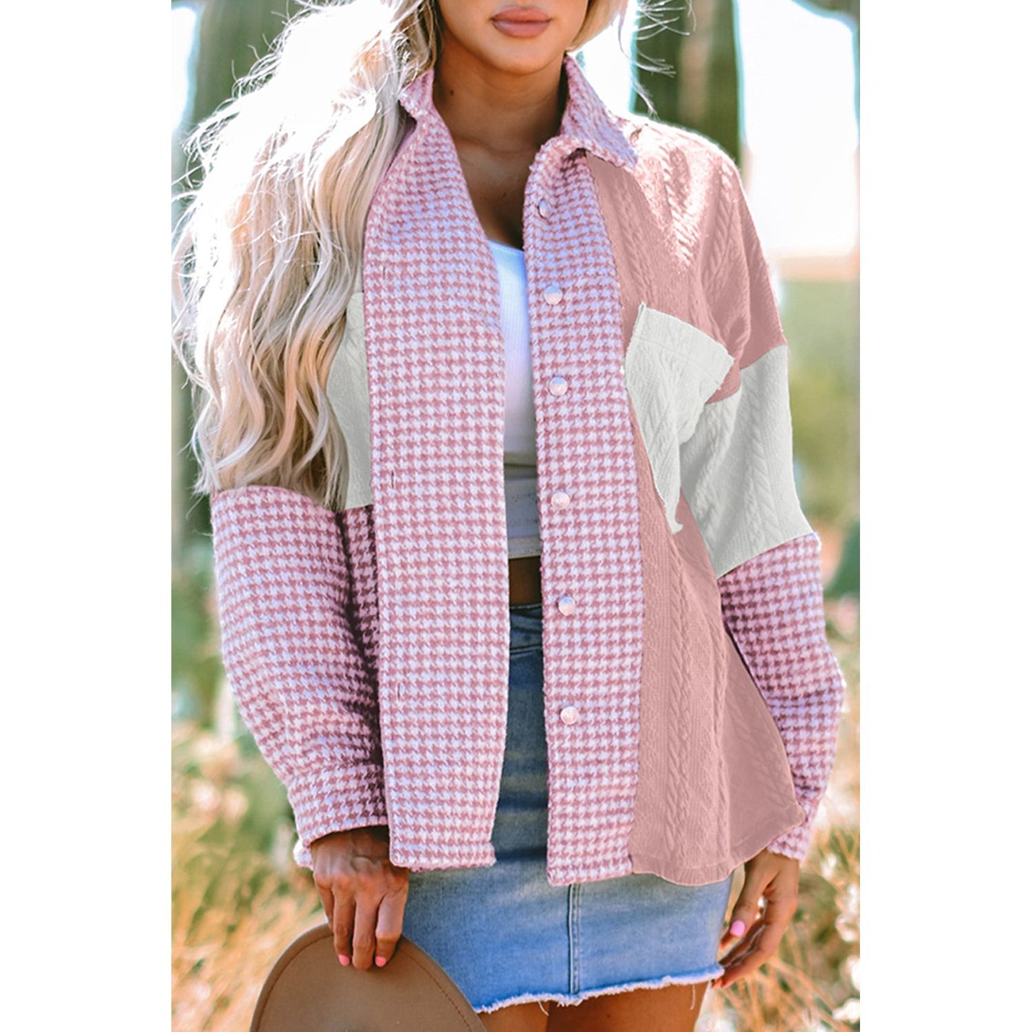 All Wrapped Up Pink Houndstooth Textured Patchwork Shacket