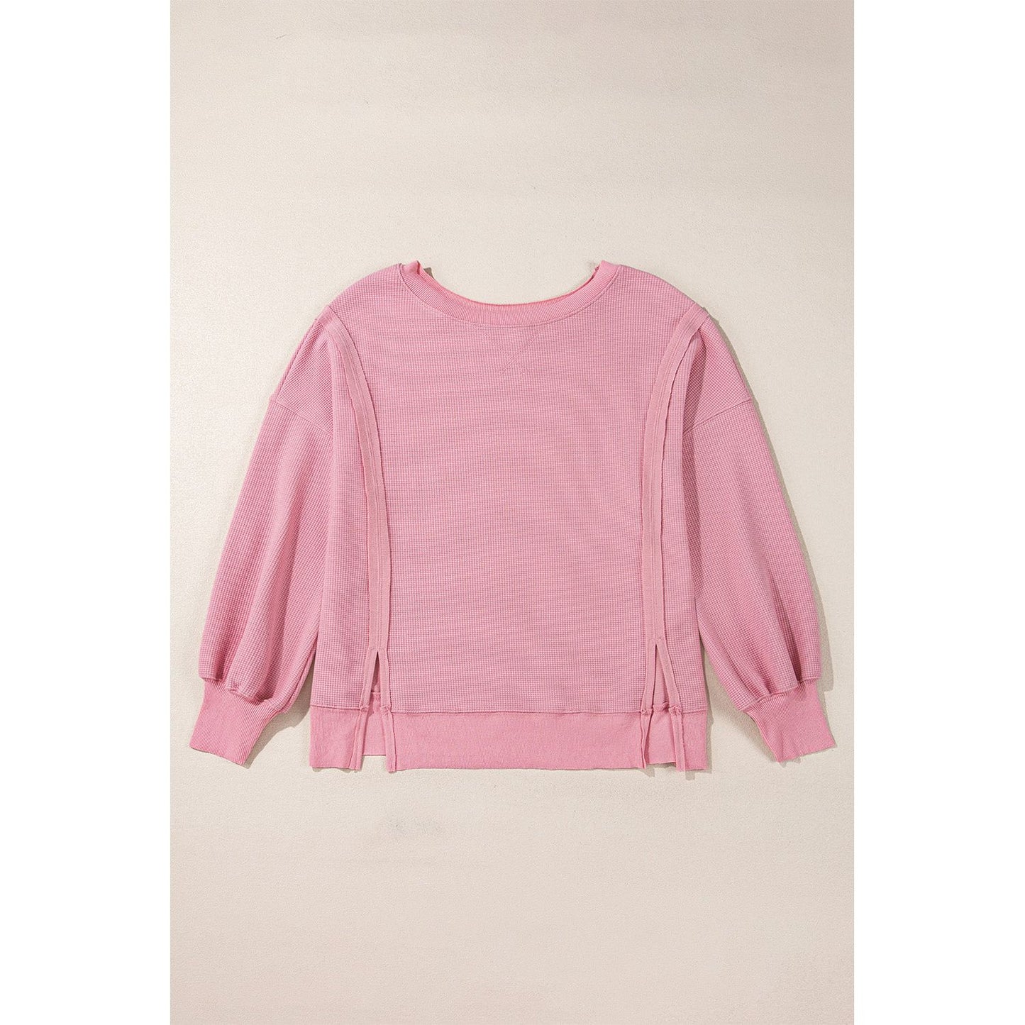 White Waffle Bishop Sleeve Split Oversized Sweatshirt