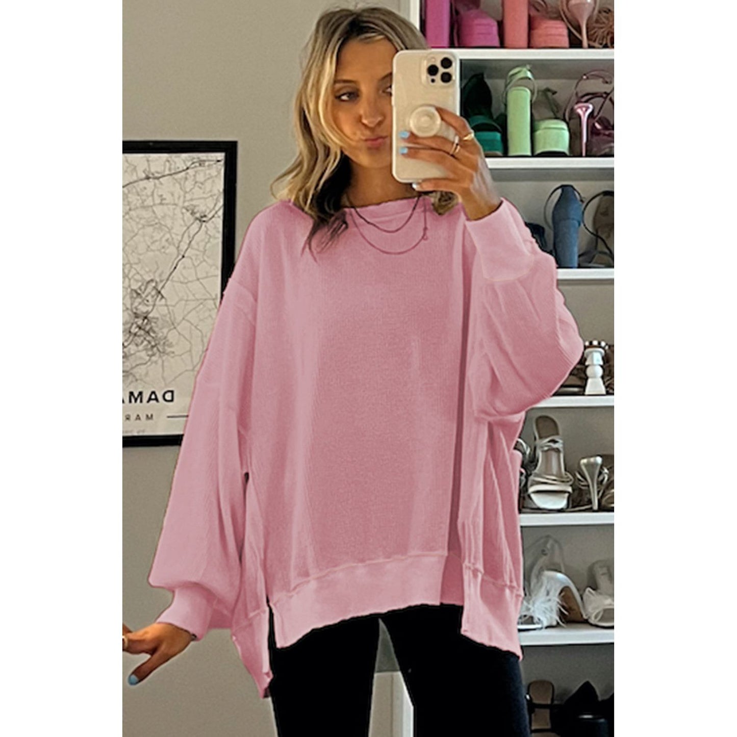 White Waffle Bishop Sleeve Split Oversized Sweatshirt