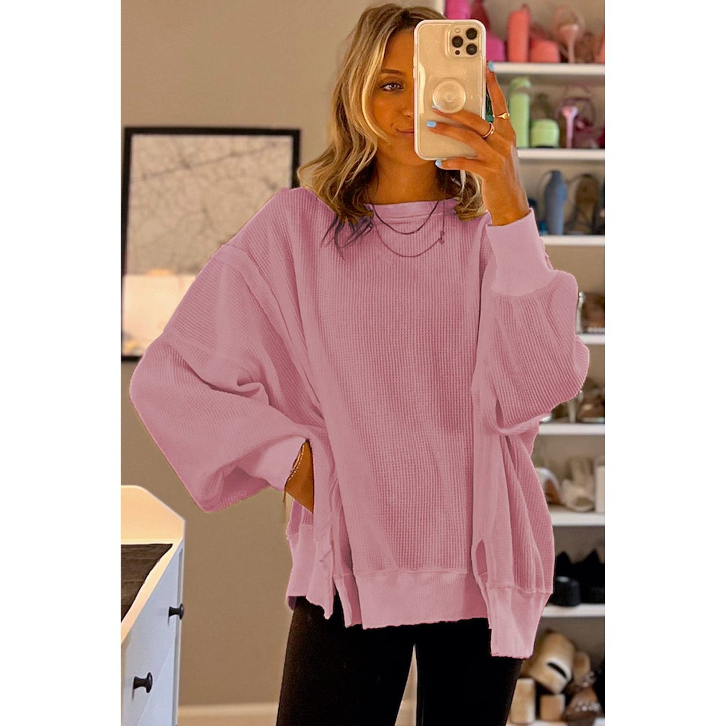 White Waffle Bishop Sleeve Split Oversized Sweatshirt
