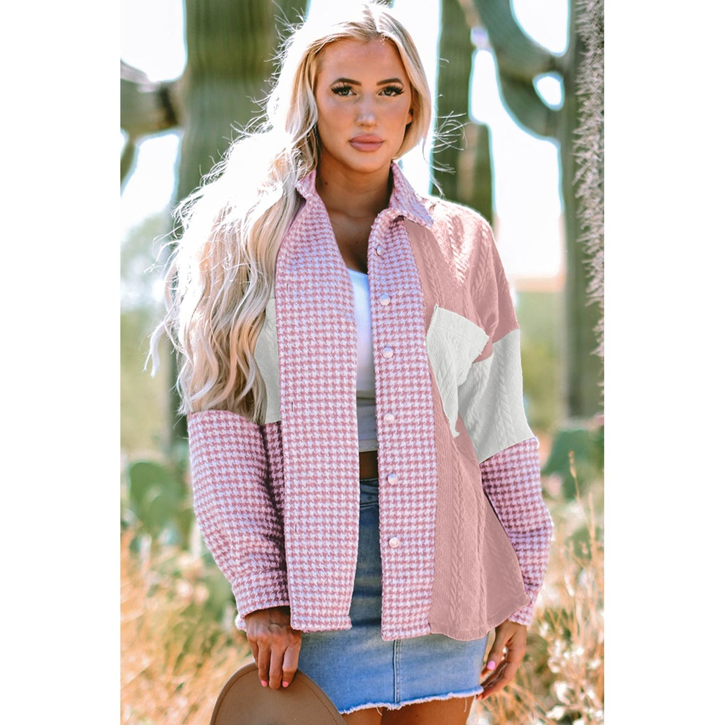 All Wrapped Up Pink Houndstooth Textured Patchwork Shacket