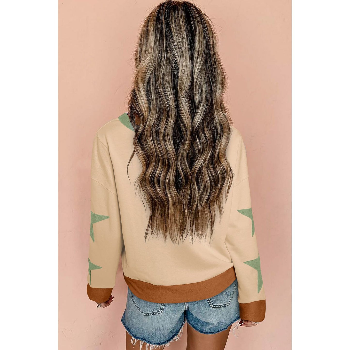 Beige Star Patchwork Exposed Seam Oversized Sweatshirt
