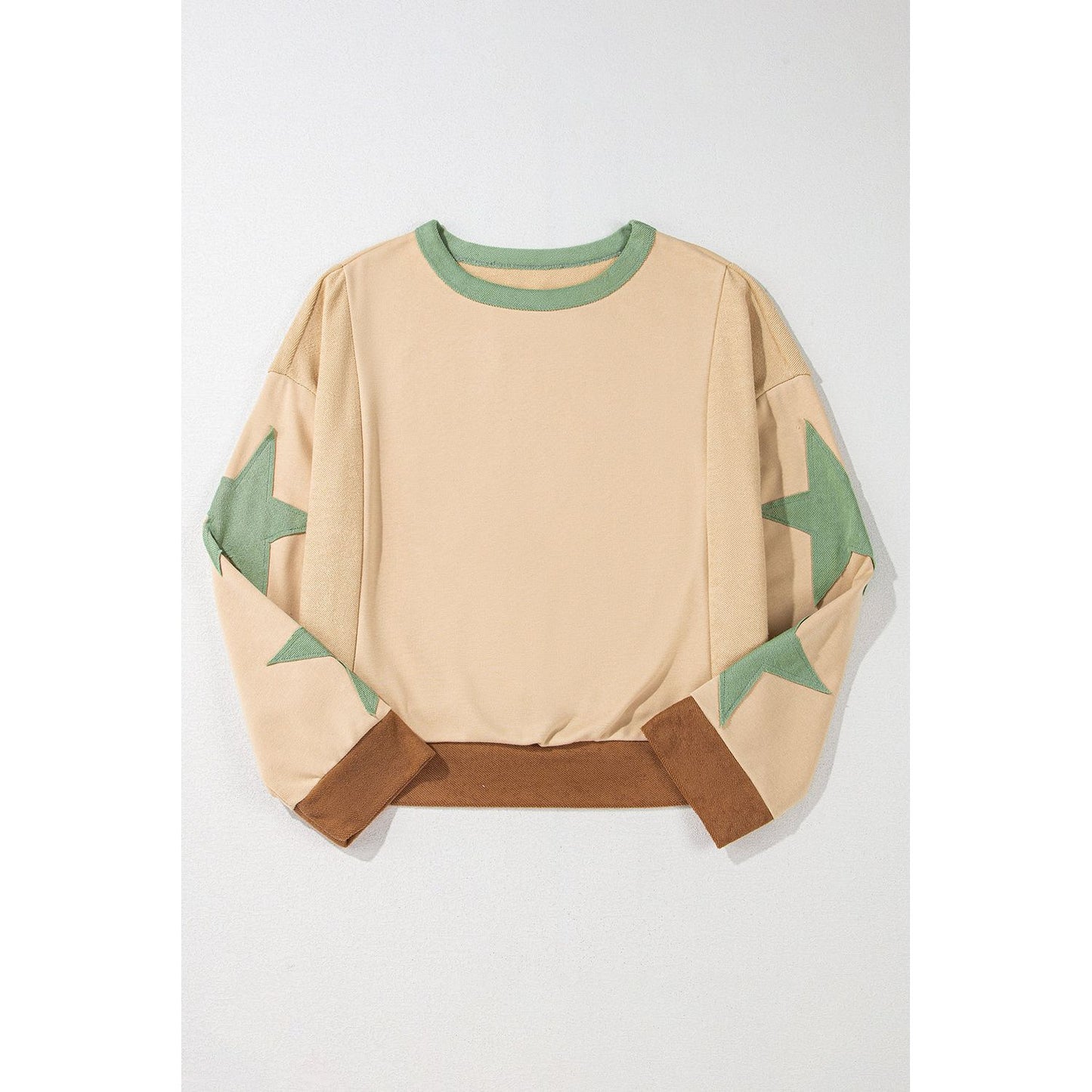Beige Star Patchwork Exposed Seam Oversized Sweatshirt