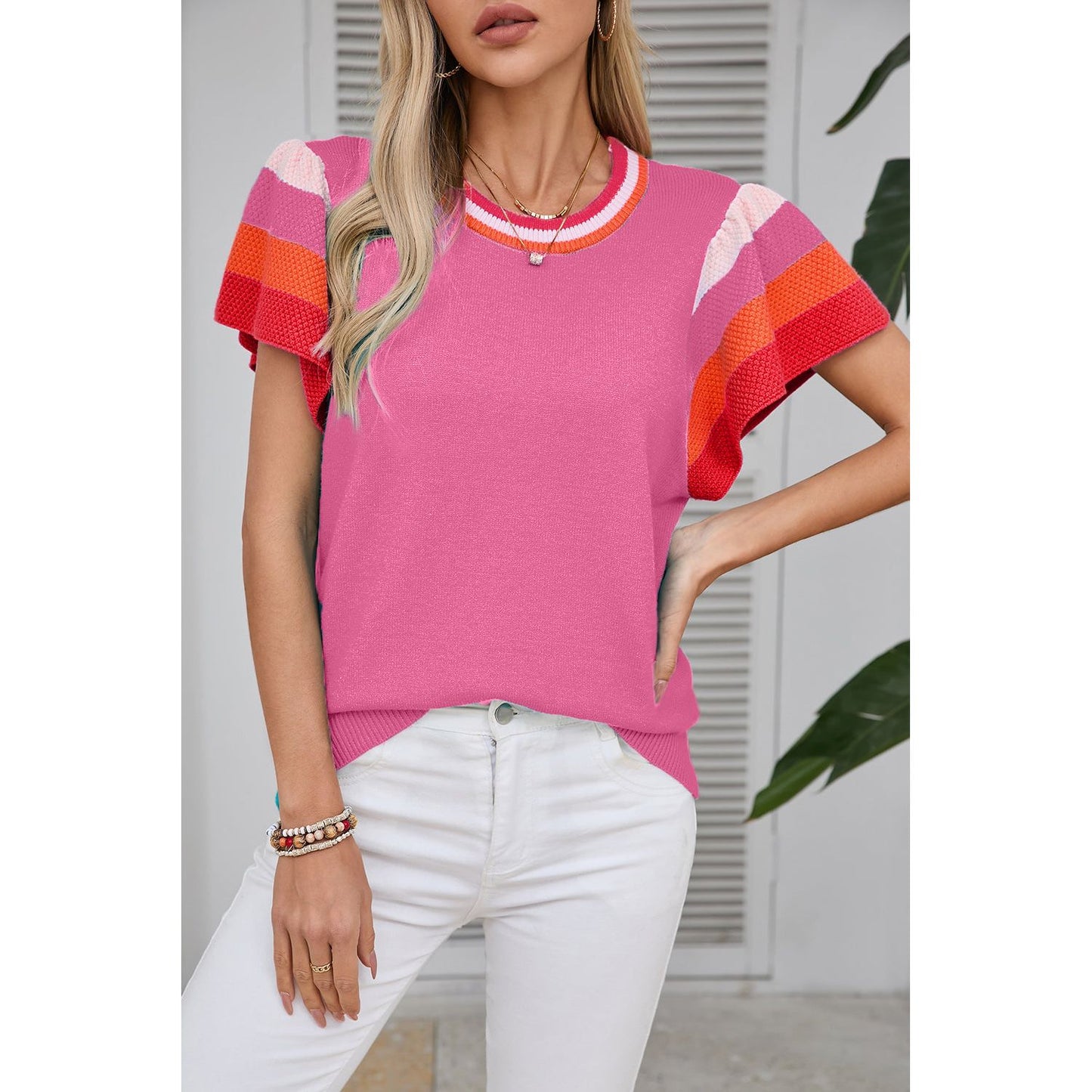 Walks On The Beach Bright Pink Flutter Sleeves Blouse