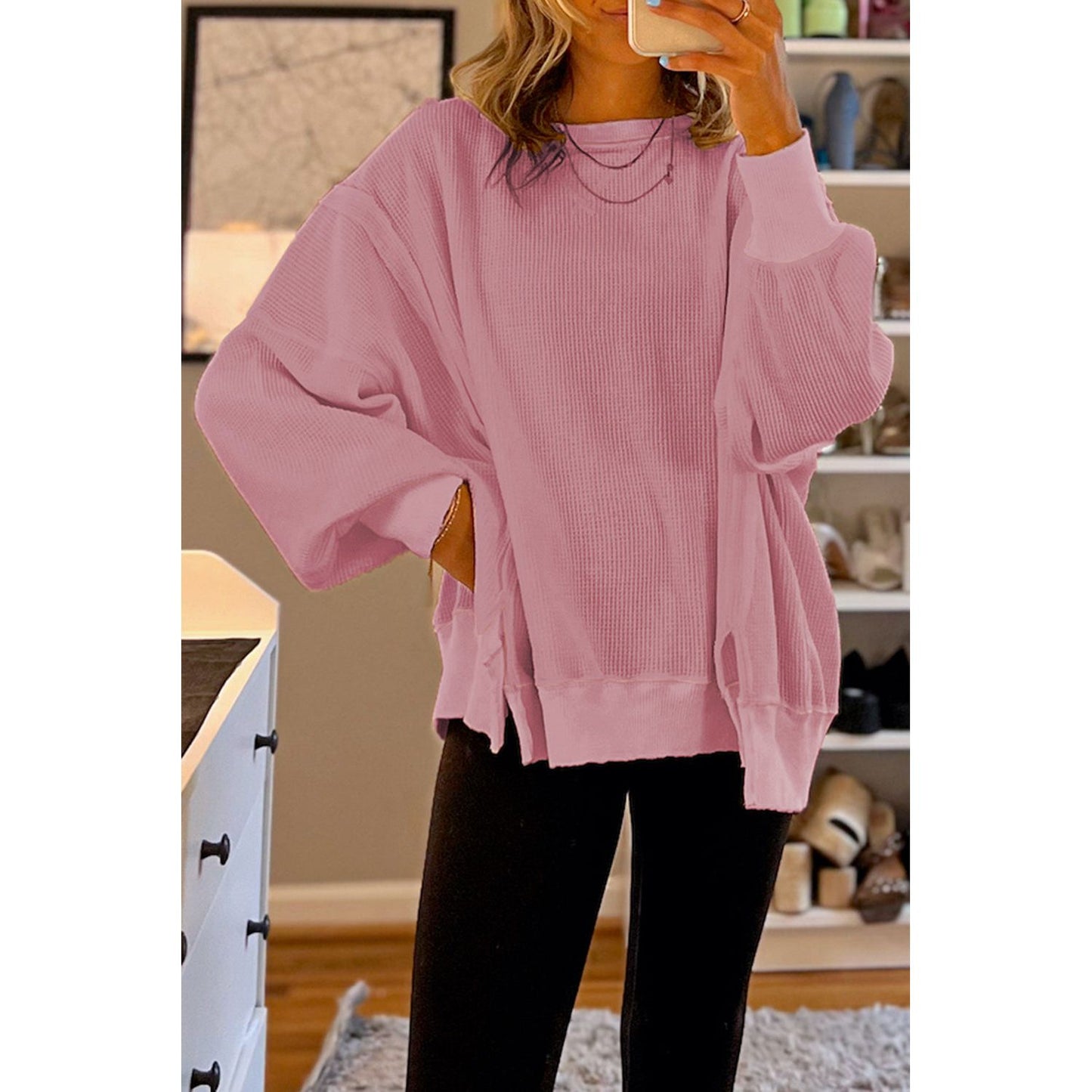 White Waffle Bishop Sleeve Split Oversized Sweatshirt