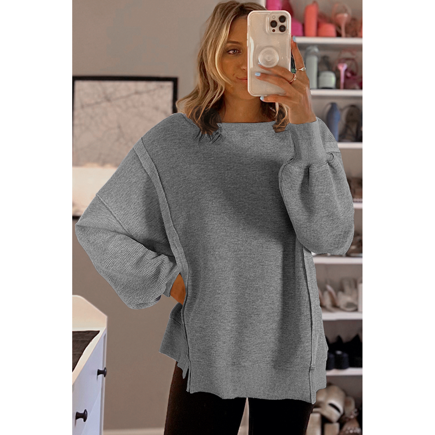 White Waffle Bishop Sleeve Split Oversized Sweatshirt