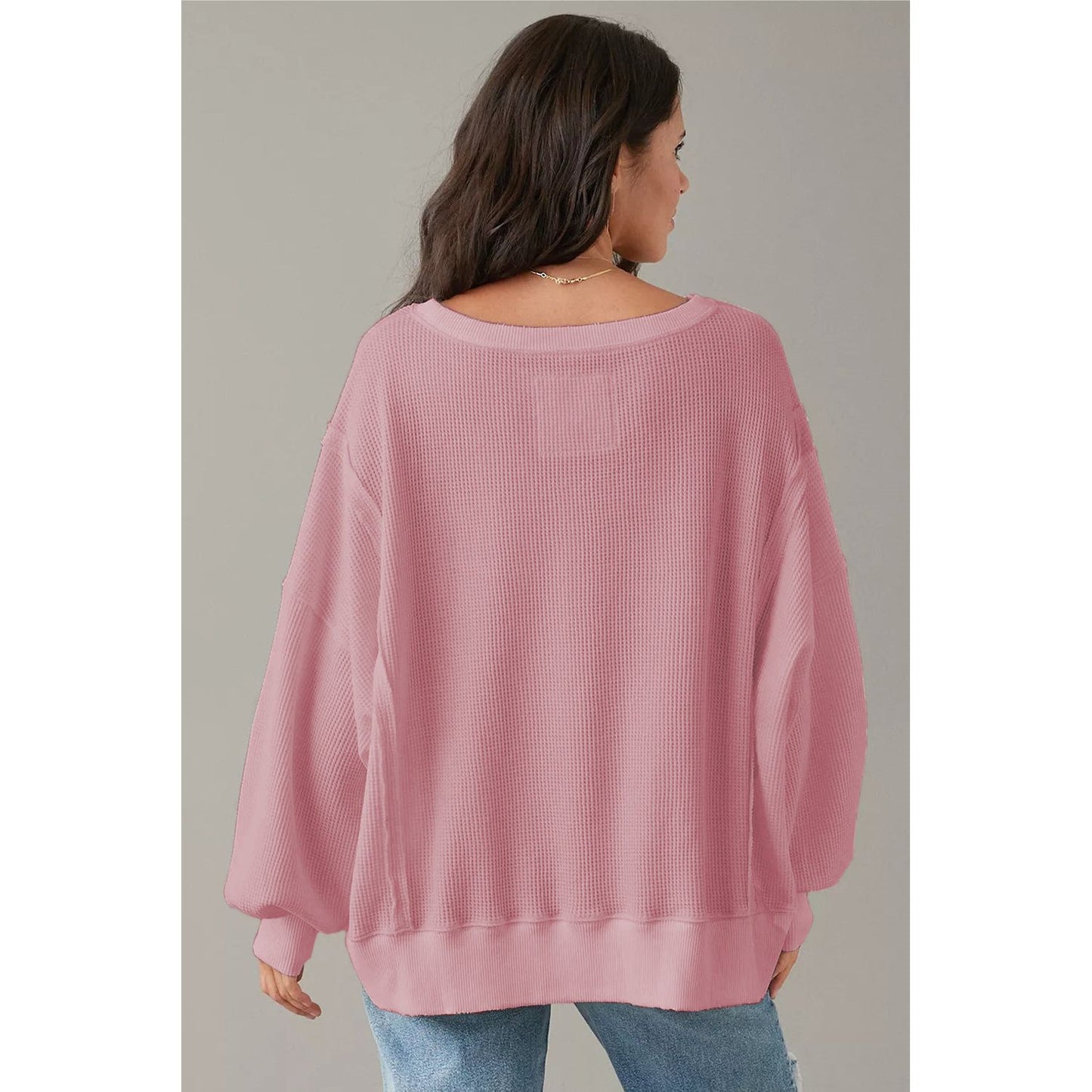 White Waffle Bishop Sleeve Split Oversized Sweatshirt