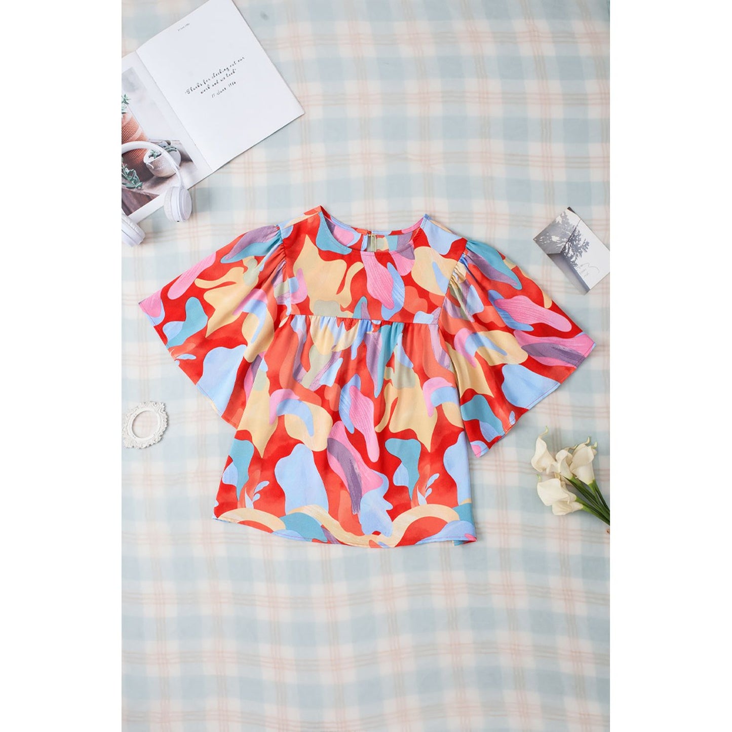 Happy Days Abstract Pattern Wide Sleeve Blouse
