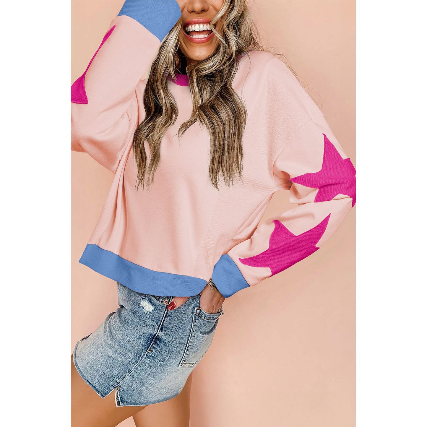 Beige Star Patchwork Exposed Seam Oversized Sweatshirt