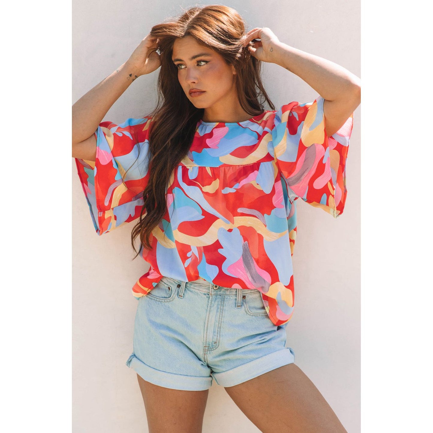 Happy Days Abstract Pattern Wide Sleeve Blouse