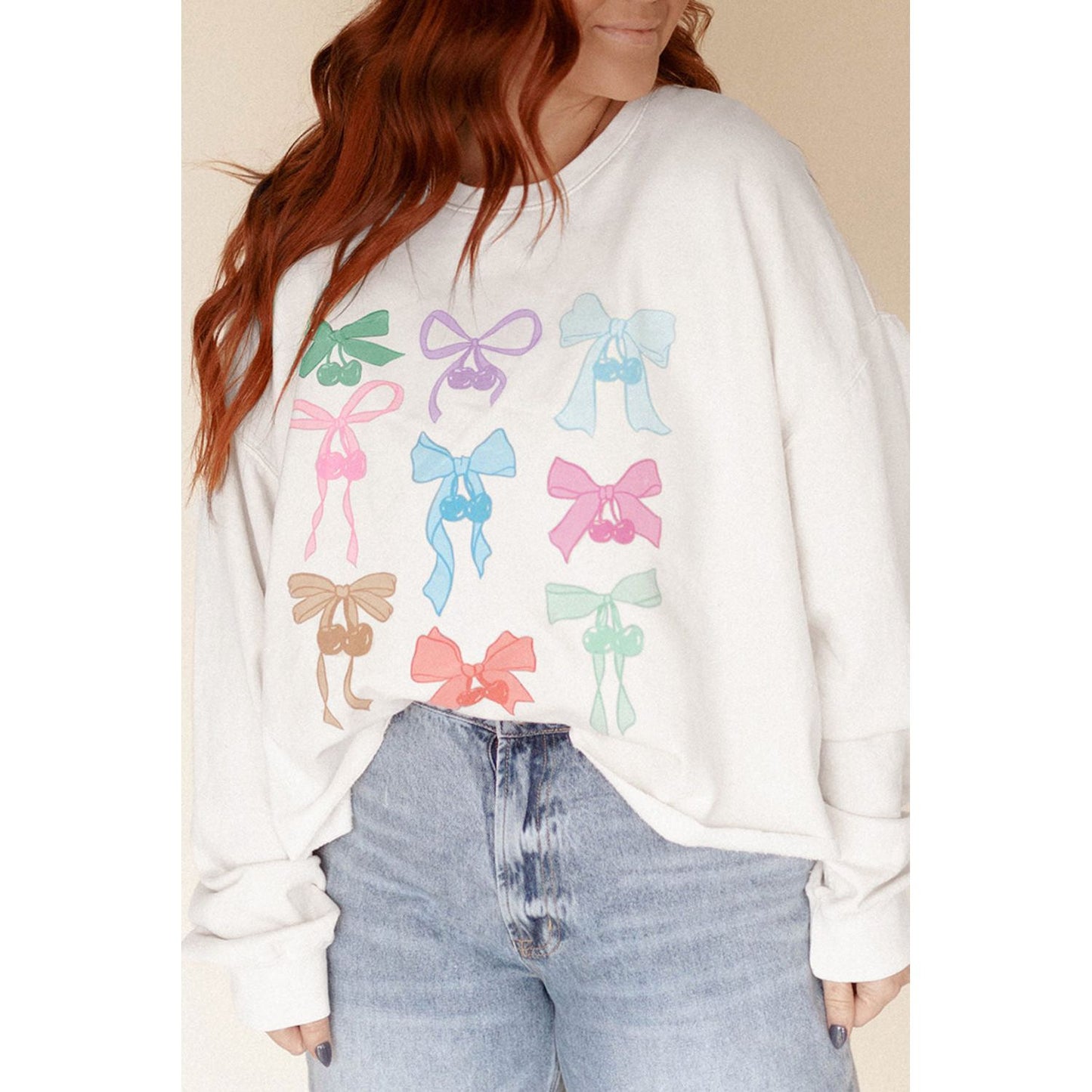 White Bowknot Pattern Drop Shoulder Loose Sweatshirt