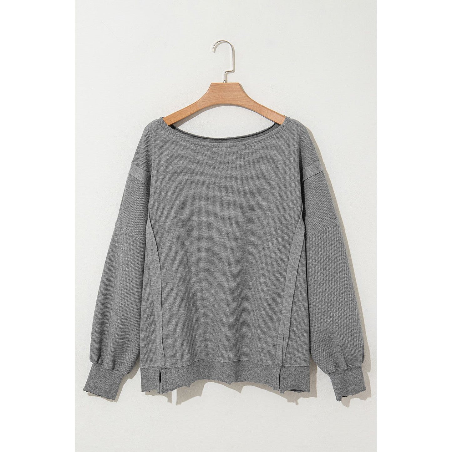 White Waffle Bishop Sleeve Split Oversized Sweatshirt