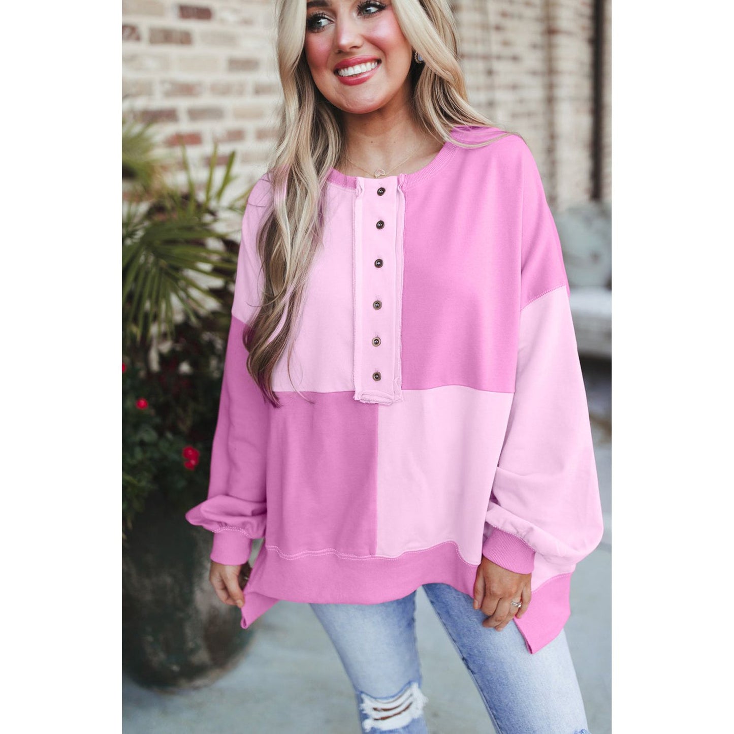 By the Fire Pink Colorblock Henley High Low Pullover