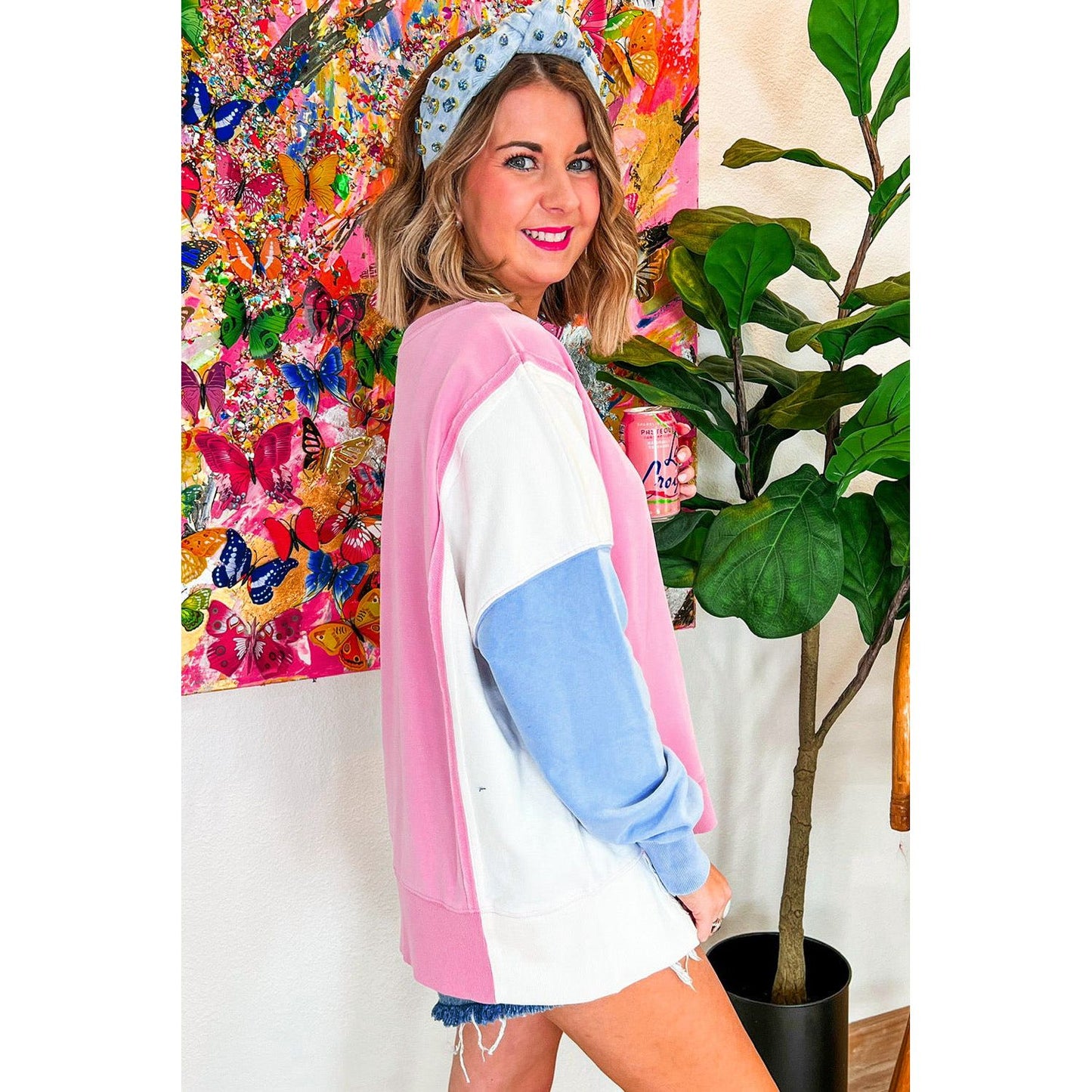 Bonbon Color Block Exposed Seam Patchwork Side Slits Sweatshirt