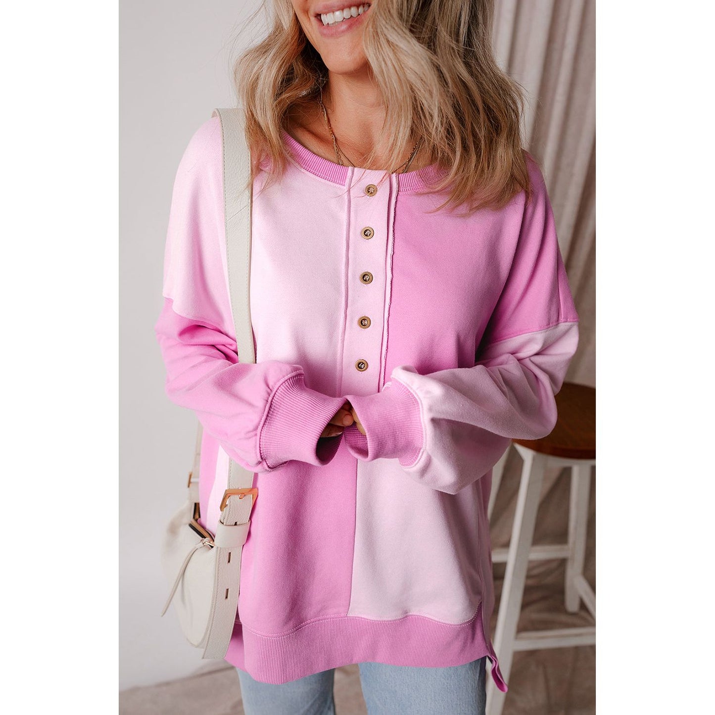 By the Fire Pink Colorblock Henley High Low Pullover