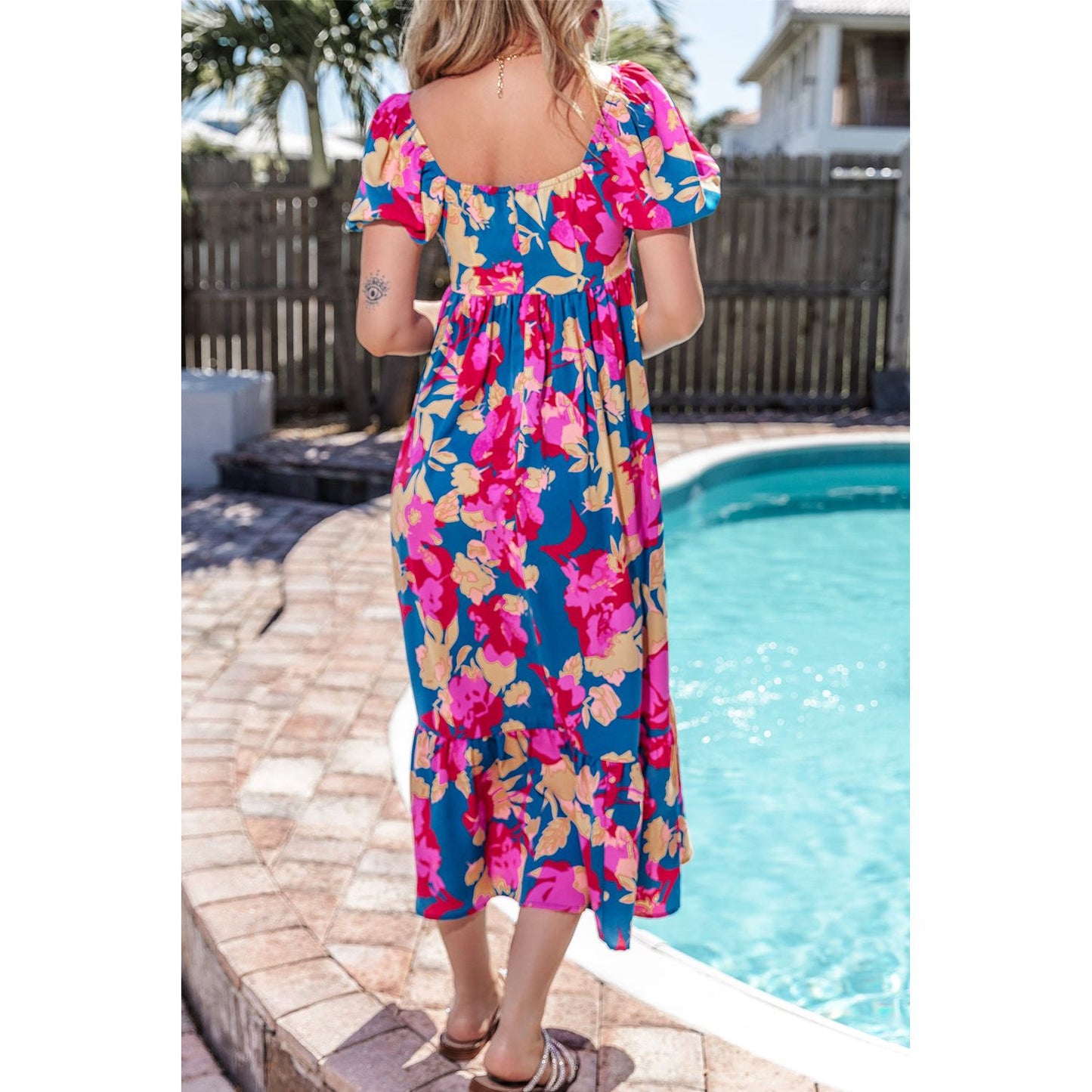 Happier Days Square Neck Bubble Sleeve Ruffled Floral Dress