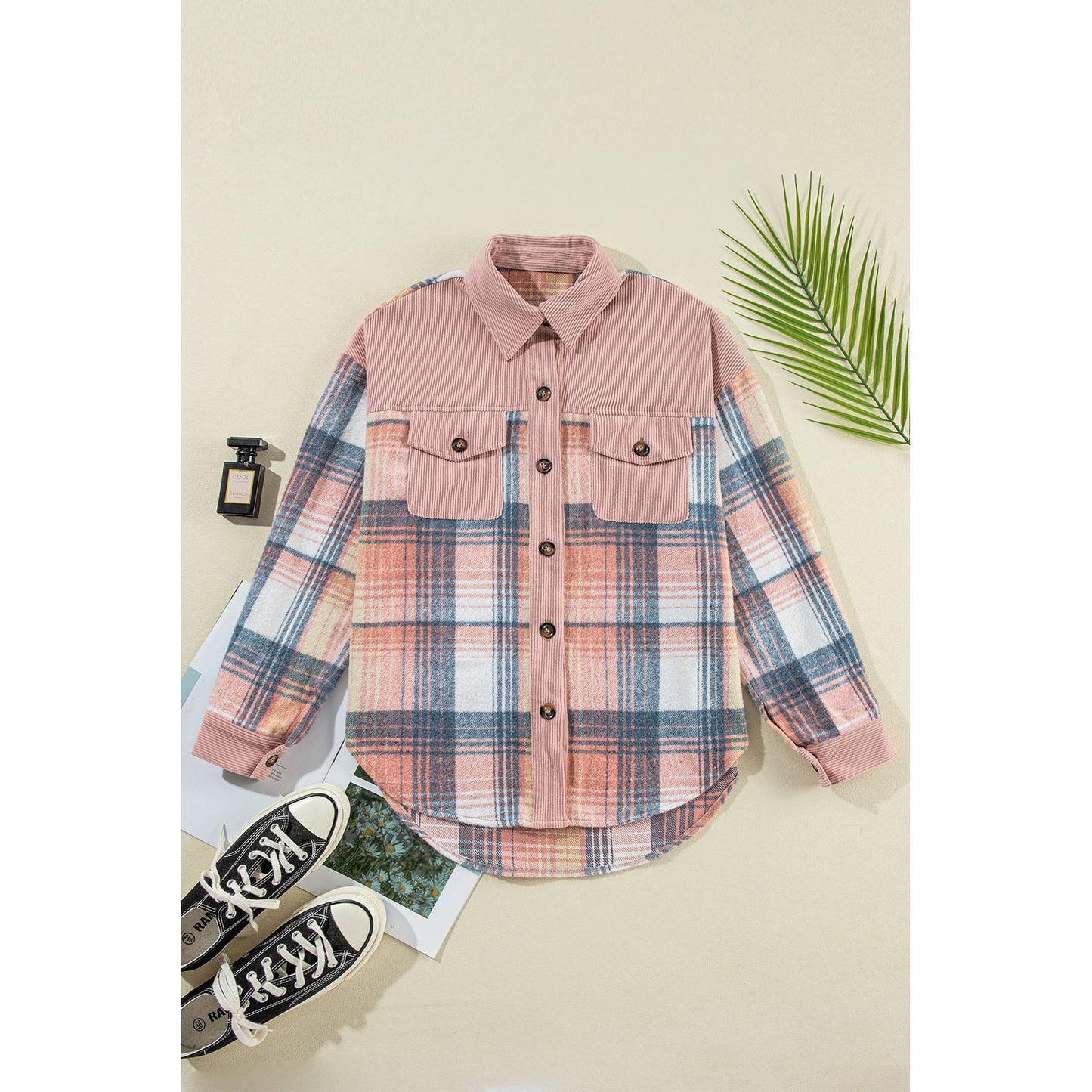 Campfire Nights Light Pink Plaid Corduroy Patchwork Chest Pocket Shacket