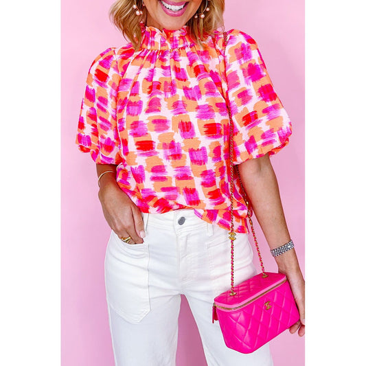 Date Night Pink Abstract Print Button Back Ruffed Blouse