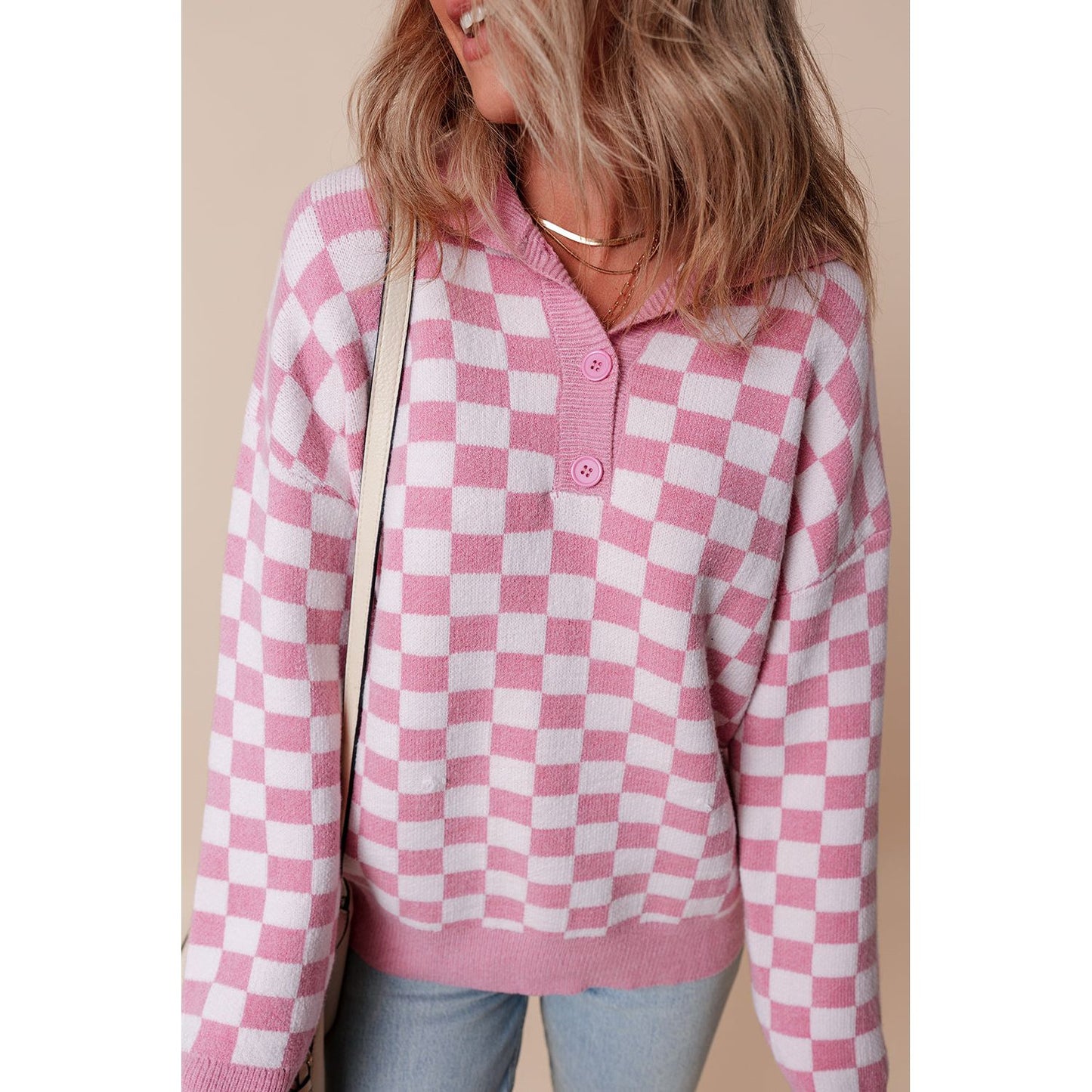 Fool Me Once Pink Checkered Buttoned V Neck Sweater