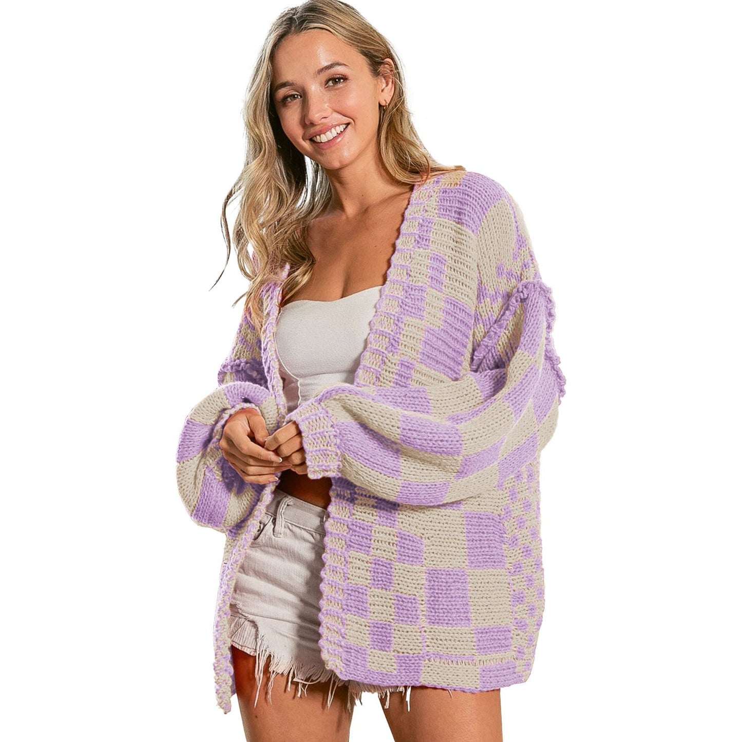 Orchid Petal Colorblock Checked Open Front Knitted Cardigan