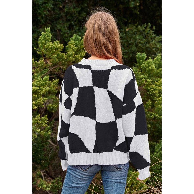 Multi Geo Checker Pullover Knit Sweater Top