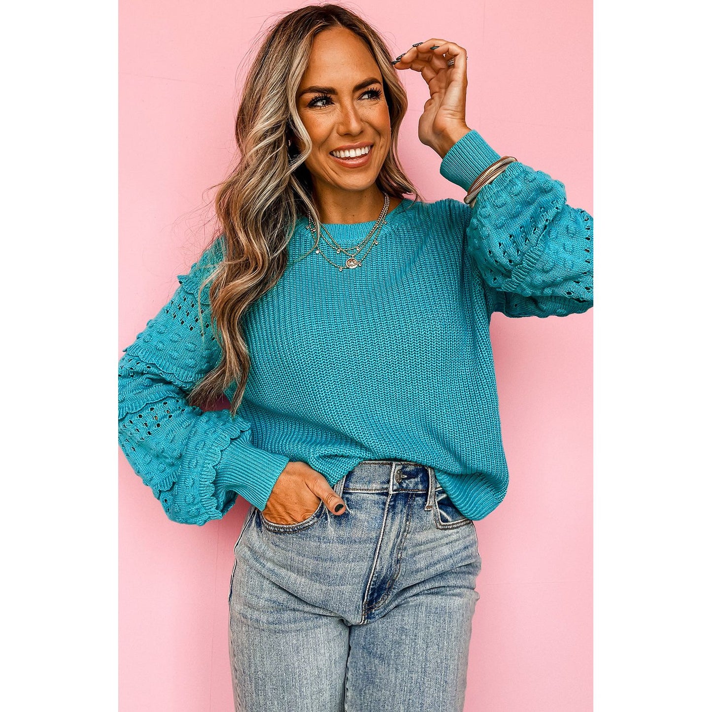 Turquoise Ruffled Eyelet Bubble Sleeve Sweater