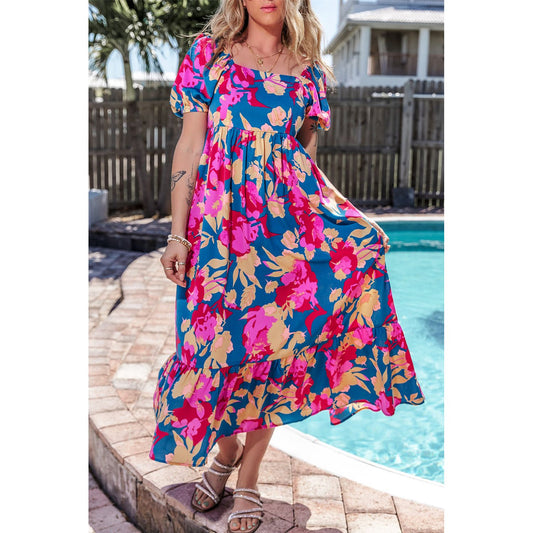 Happier Days Square Neck Bubble Sleeve Ruffled Floral Dress