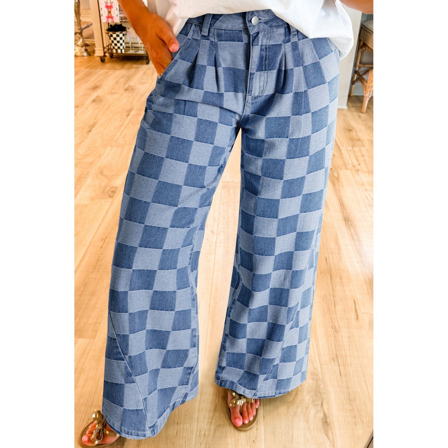 Dusk Blue Checkered Light Washed Wide Leg Jeans