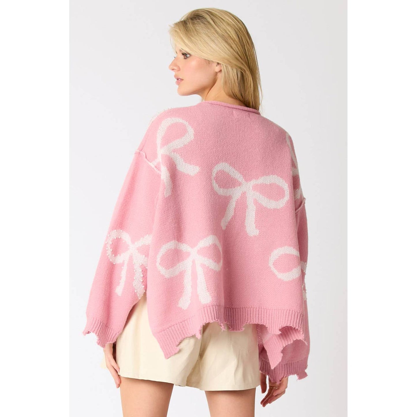 Pink Bow Pattern Pearl Embellished Raw Hem Sweater