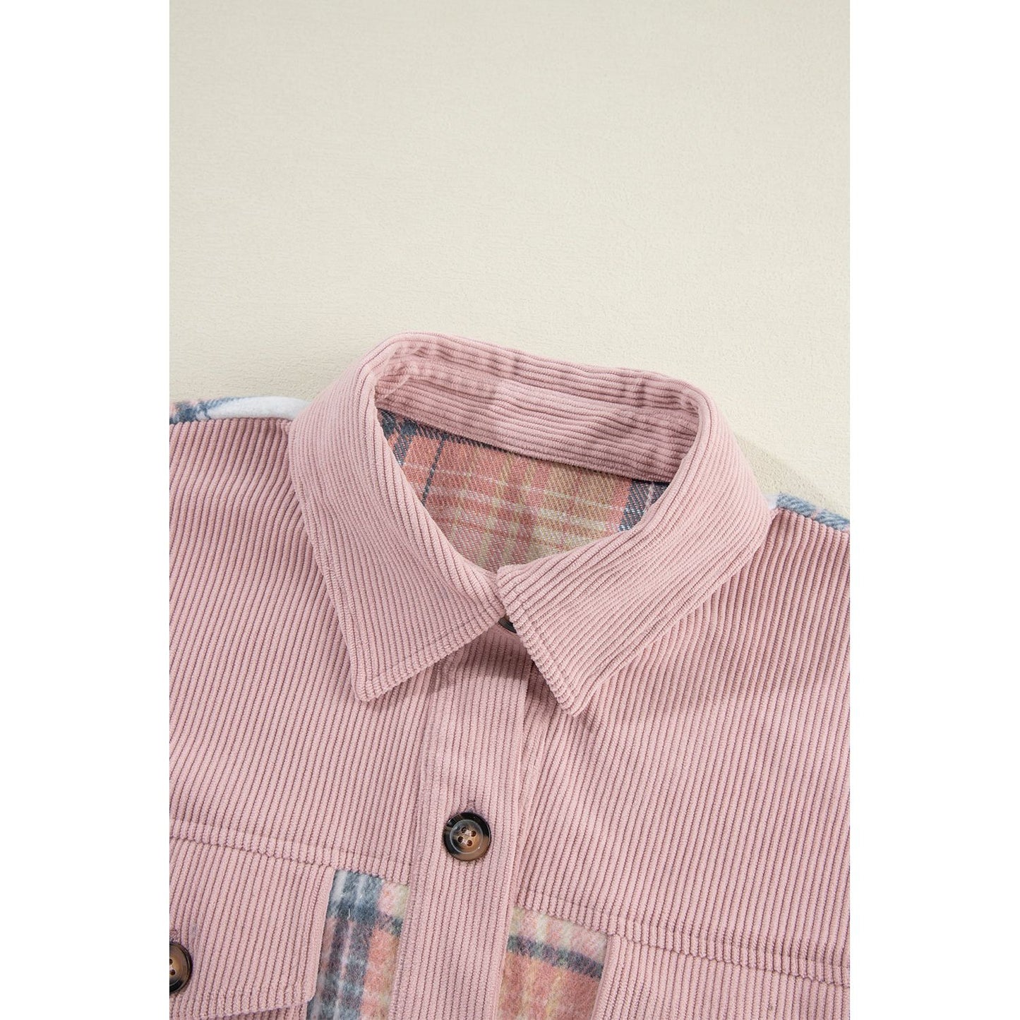 Campfire Nights Light Pink Plaid Corduroy Patchwork Chest Pocket Shacket