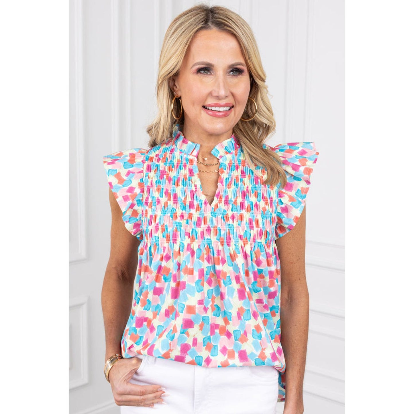 Skies Are Blue Ruffled Abstract Printed Blouse