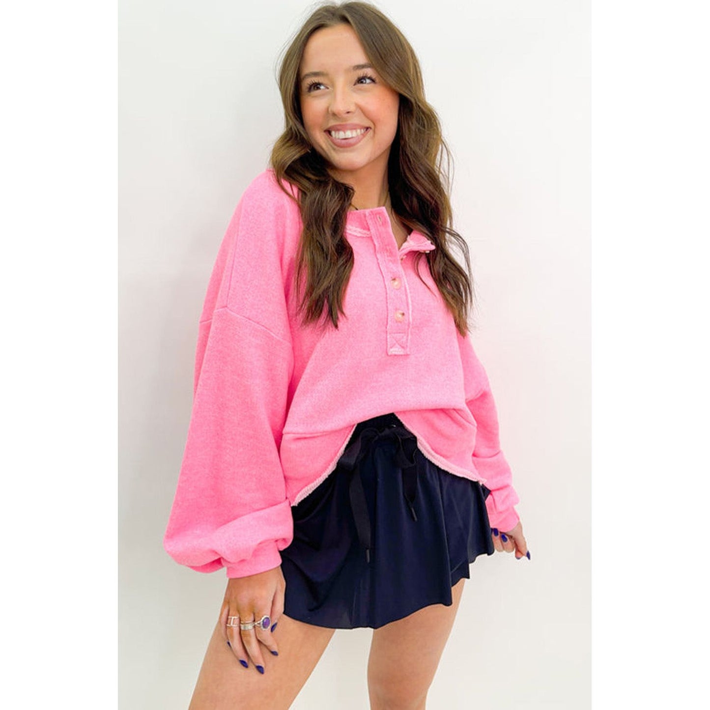 Sachet Pink Plain Drop Sleeve Henley Sweatshirt