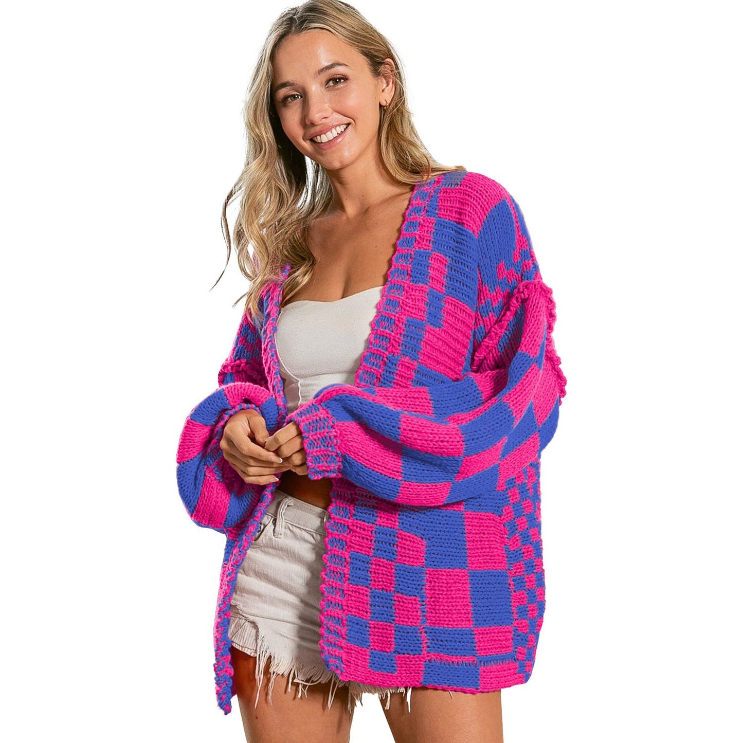 Orchid Petal Colorblock Checked Open Front Knitted Cardigan