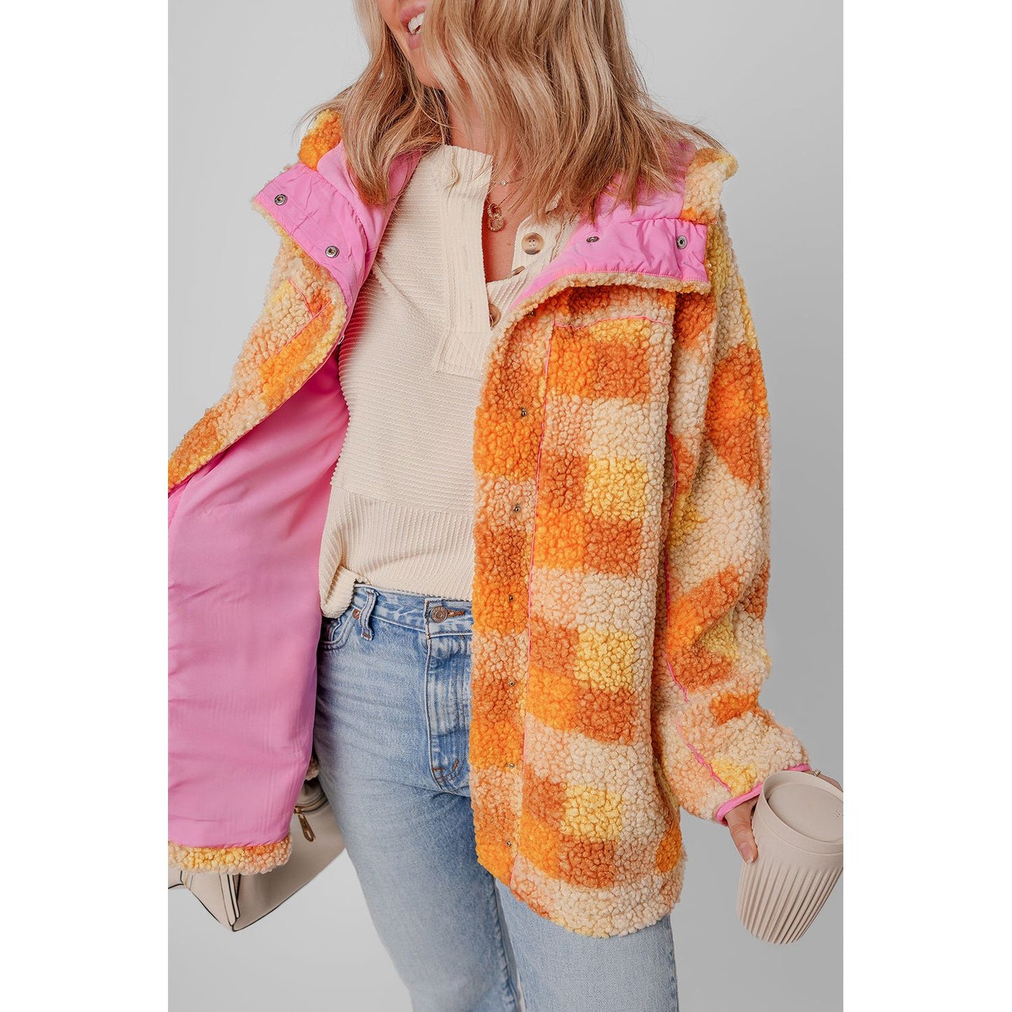 Orange Checkered Sherpa Hooded Jacket