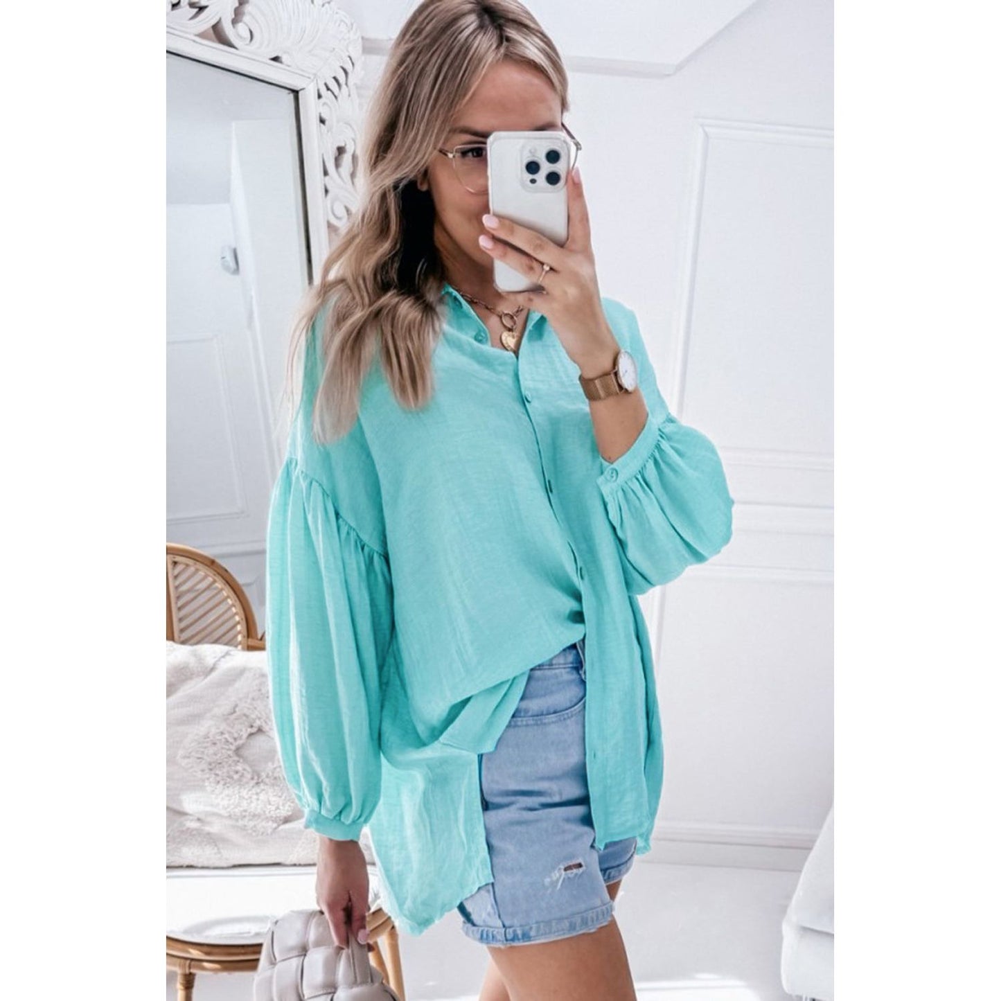 Iceland Blue Solid Puff Sleeve Loose Fit Buttoned Shirt