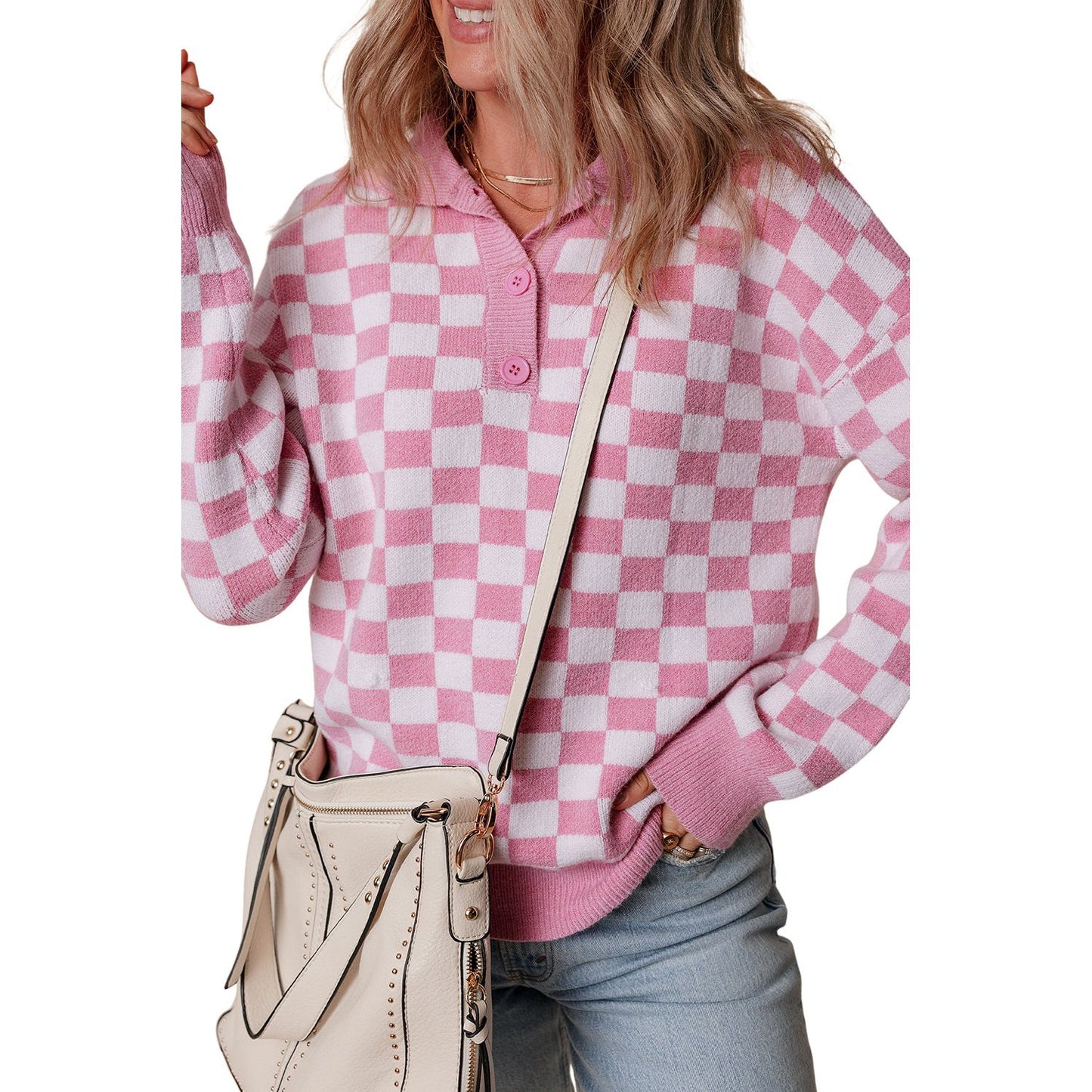 Fool Me Once Pink Checkered Buttoned V Neck Sweater