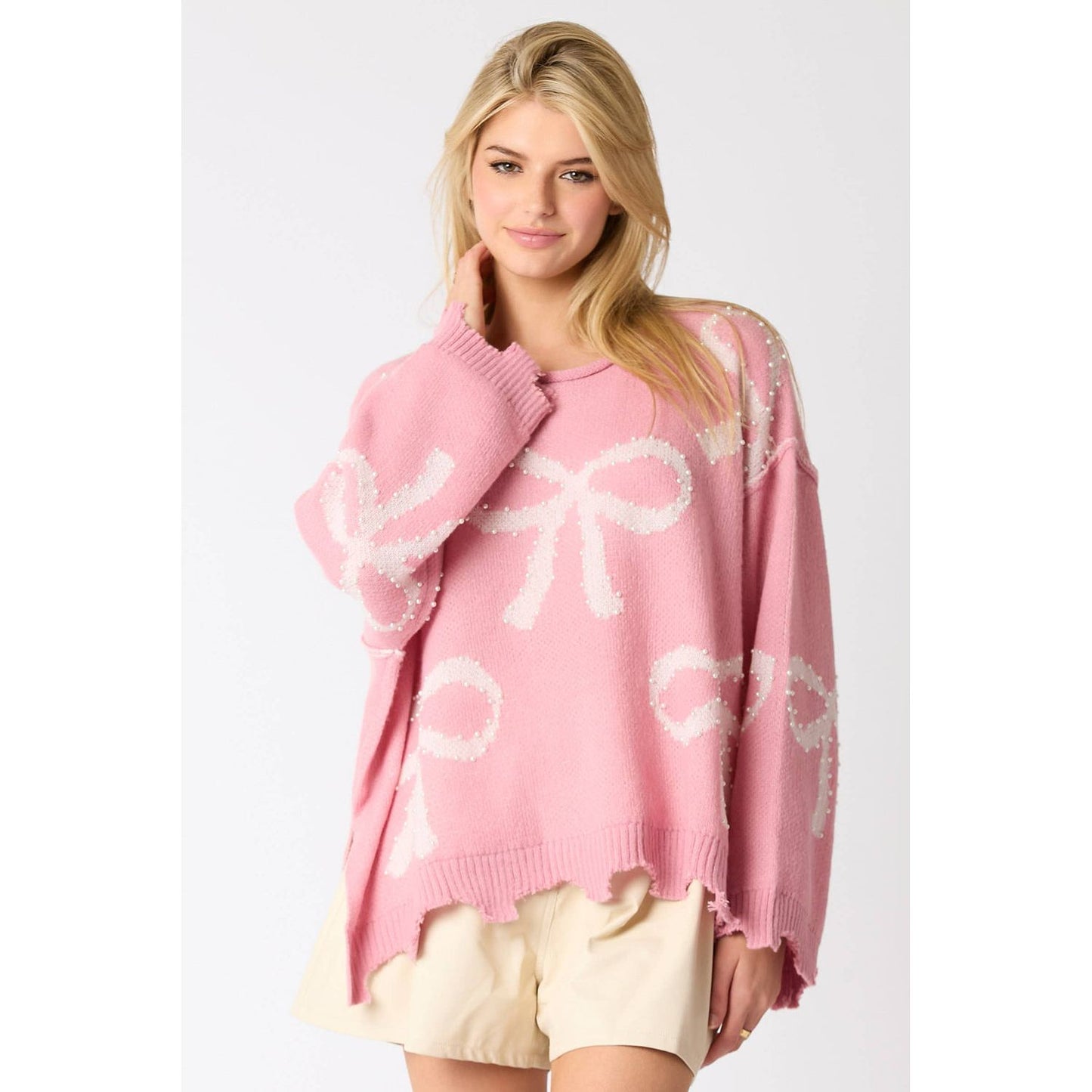 Pink Bow Pattern Pearl Embellished Raw Hem Sweater