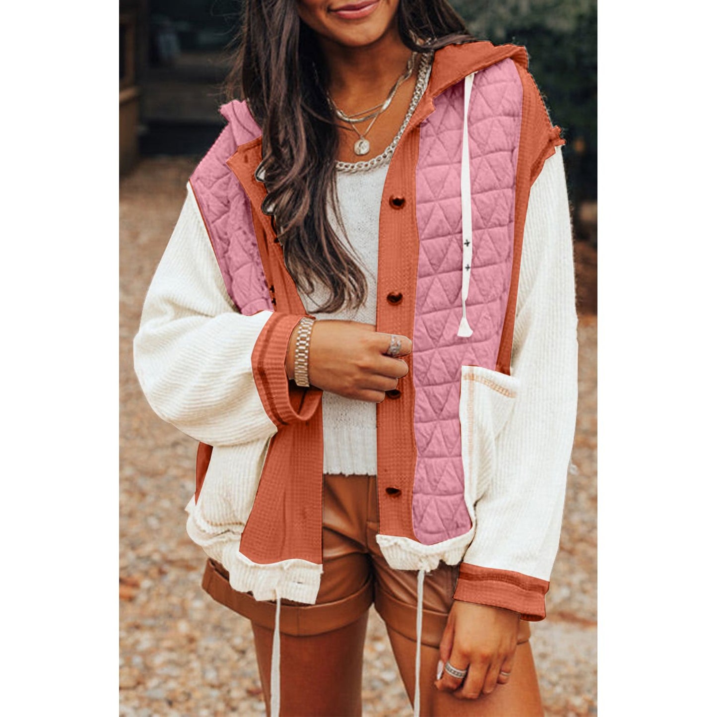 Happiest With You Coral Quilted Loose Fit Hooded Jacket