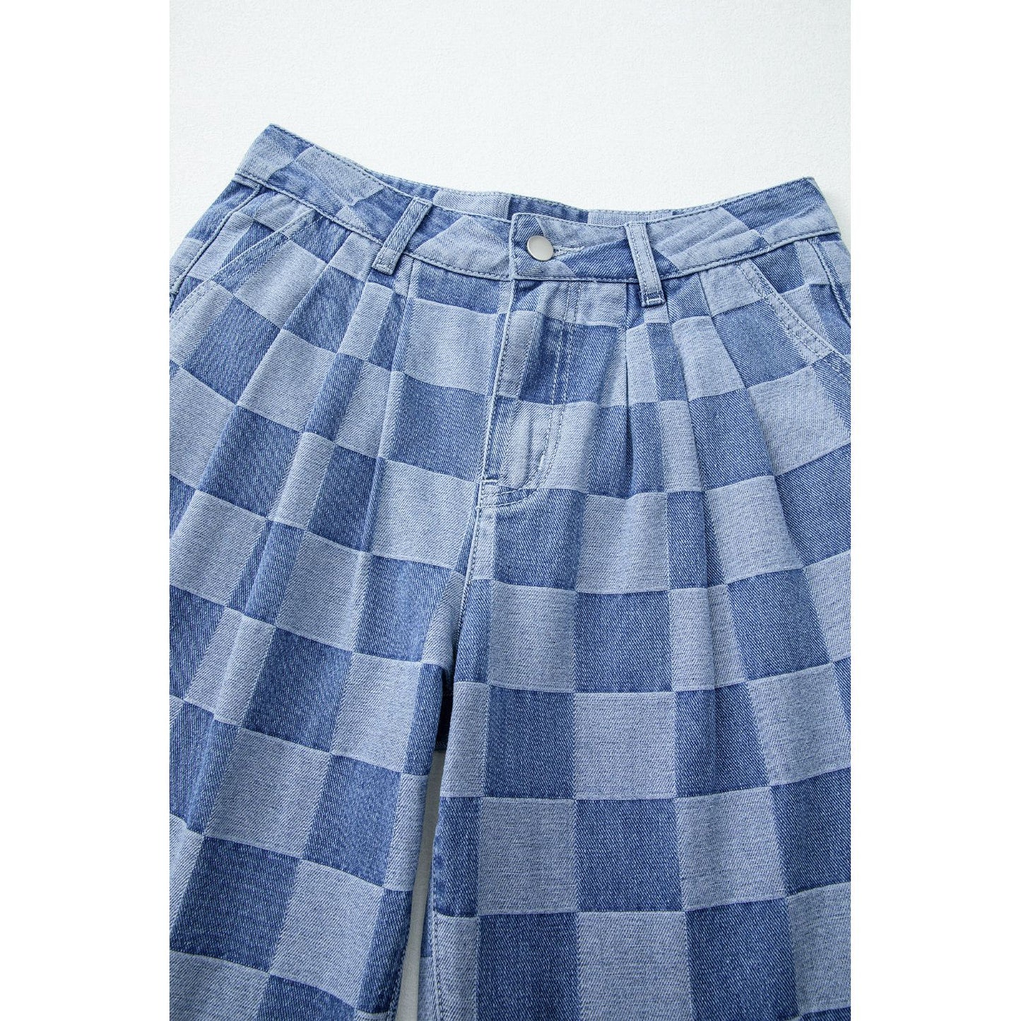 Dusk Blue Checkered Light Washed Wide Leg Jeans