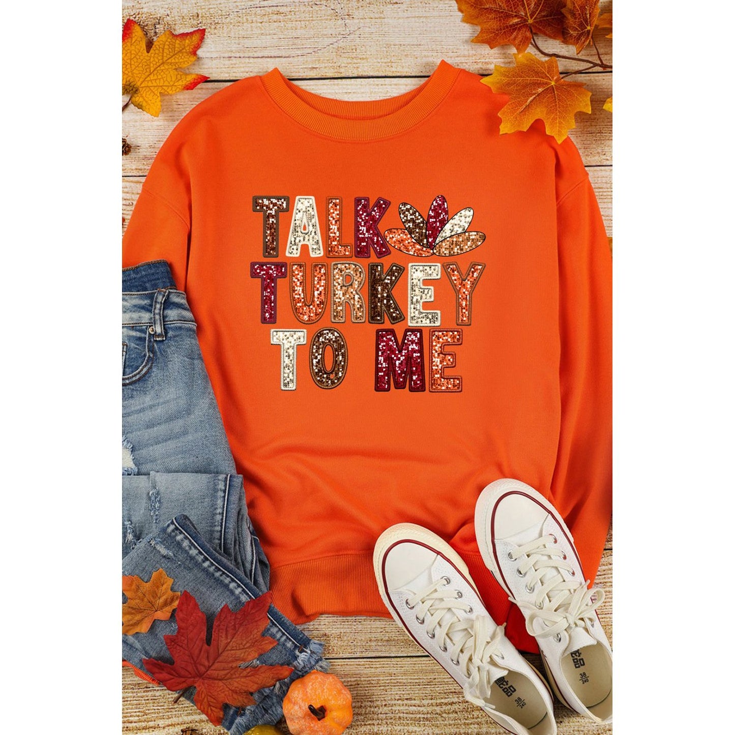 Orange TALK TURKEY TO ME Graphic Thanksgiving Holiday Sweatshirt