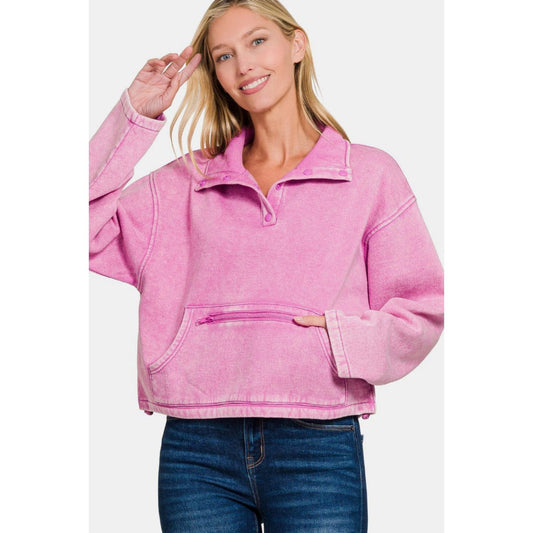 Zenana Acid Wash Fleece Half Snap Sweatshirt with Pocket