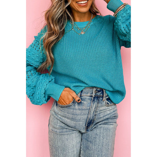 Turquoise Ruffled Eyelet Bubble Sleeve Sweater