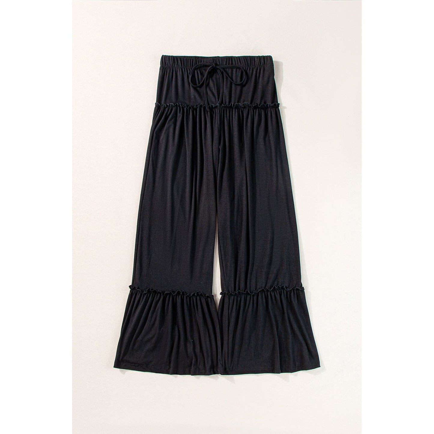 Black Frilled Drawstring High Waist Wide Leg Pants