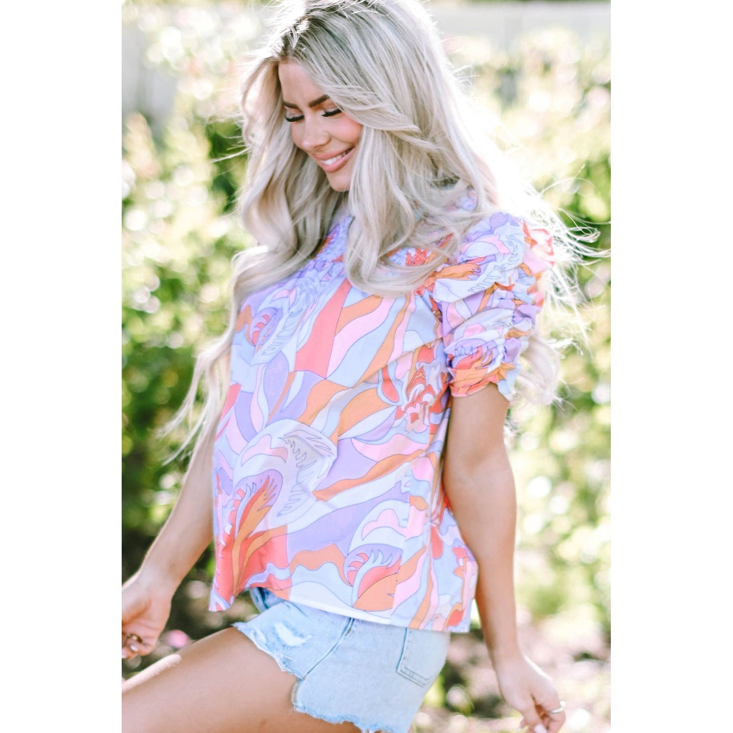 Color Me Pink Abstract Print Bubble Sleeve Blouse