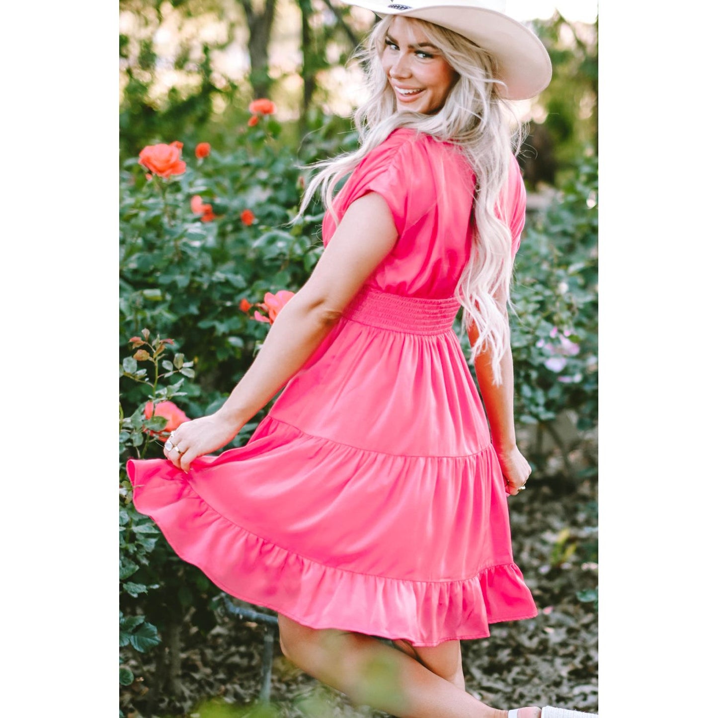 Strawberry Pink Ruched Sleeve Smock Waist Tiered Ruffled Dress