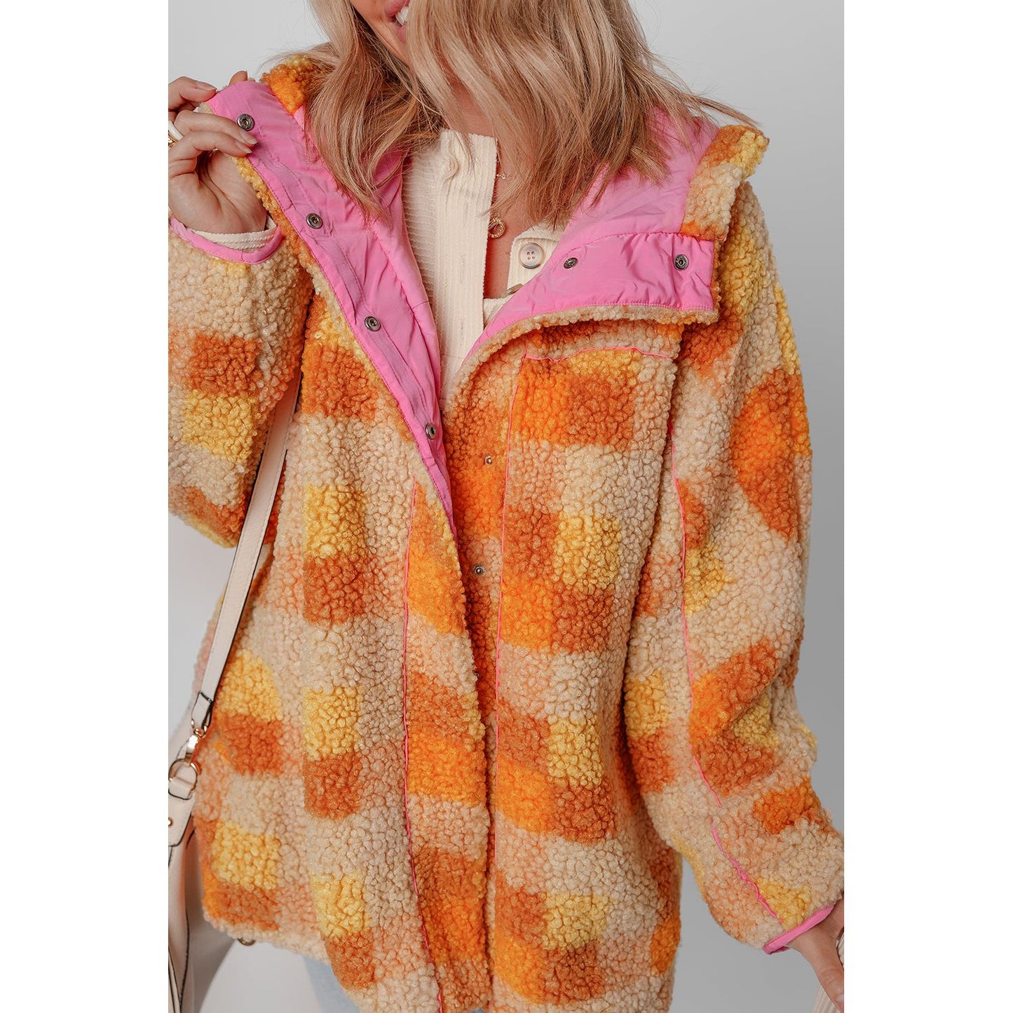 Orange Checkered Sherpa Hooded Jacket